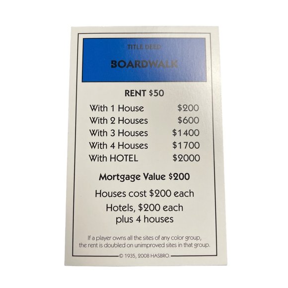 Parker Brothers Other - Monopoly Here Now Boardwalk Property Title Deed Card Replacement 2008 u